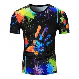 image of CREW NECK COLORFUL SPLATTER PAINT HANDPRINT PRINT T-SHIRT (COLORMIX) 2XL