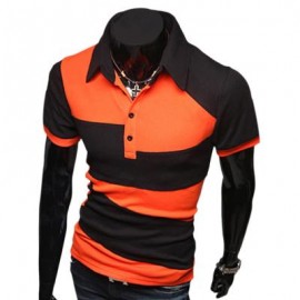 image of CASUAL COLOR BLOCK TURN DOWN COLLAR MALE SHORT SLEEVE SHIRT (ORANGE M/L/XL/XXL) L