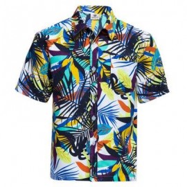 image of TRENDY TURN DOWN COLLAR SHORT SLEEVE FULL PRINT LOOSE-FITTING BEACH SHIRT FOR MEN (WHITE AND GREEN) XL