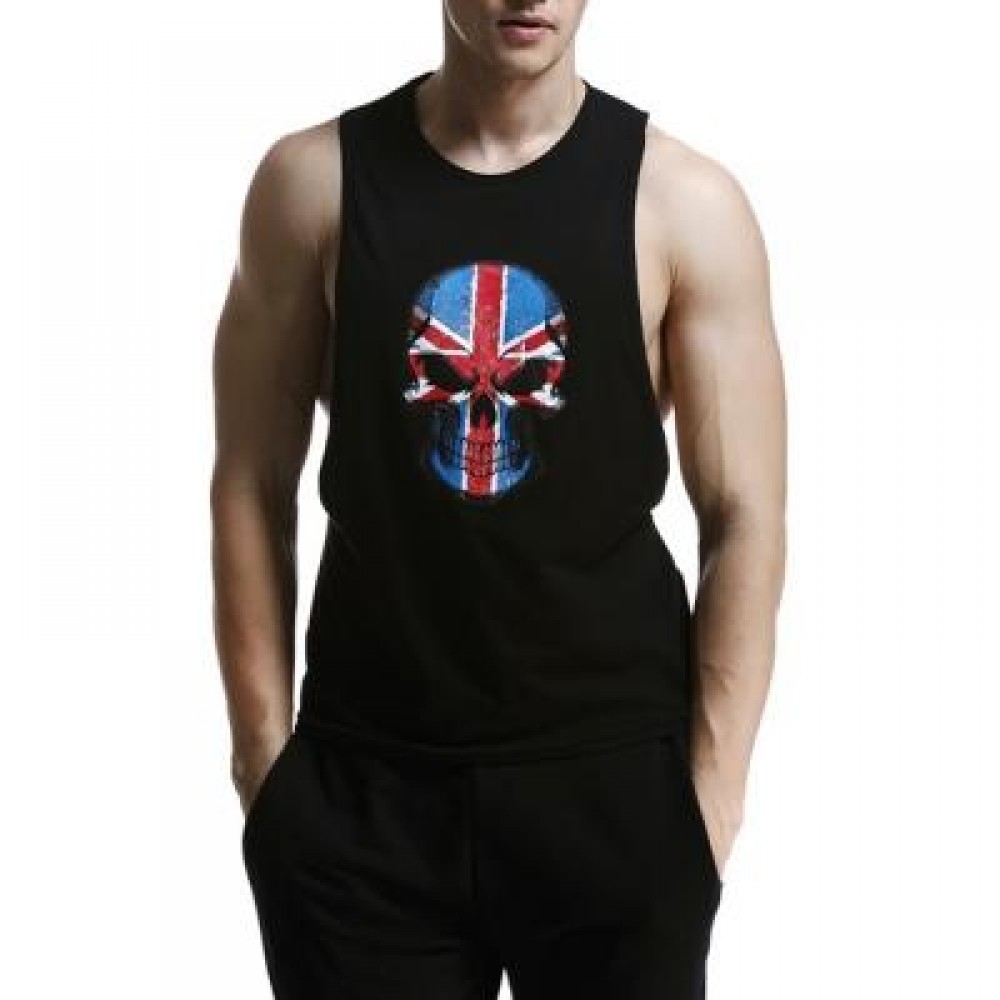 ROUND NECK UNION JACK SKULL PRINT COTTON BLENDS TANK TOP FOR MEN (BLACK) XL ROUND NECK UNION JACK SKULL PRINT COTTON BLENDS TANK TOP FOR MEN (BLACK) XL