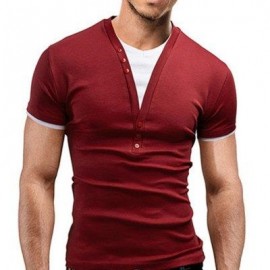 image of CASUAL ROUND COLOR SHORT SLEEVE COLOR BLOCK T-SHIRT FOR MEN (WINE RED) M