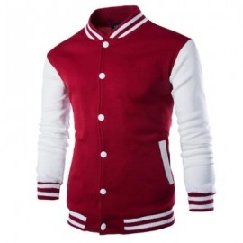 image of STAND COLLAR STRIPED COLOR BLOCK BASEBALL JACKET (WINE RED) 2XL