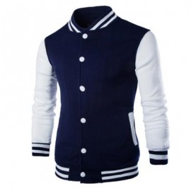 image of STAND COLLAR STRIPED COLOR BLOCK BASEBALL JACKET (CADETBLUE) 2XL