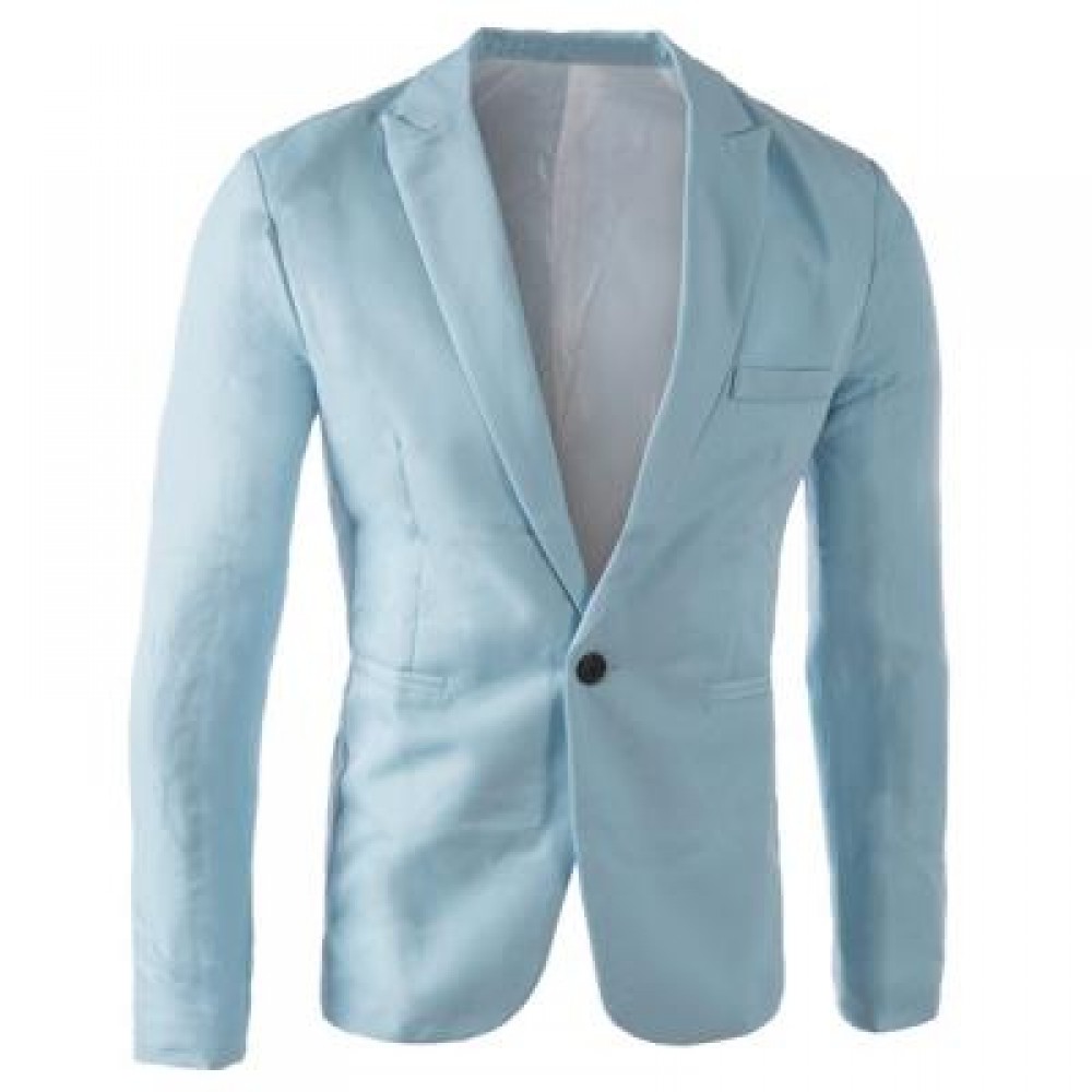 CASUAL TAILORED COLLAR SINGLE BUTTON SOLID COLOR BLAZER FOR MEN (LIGHT BLUE) 2XL CASUAL TAILORED COLLAR SINGLE BUTTON SOLID COLOR BLAZER FOR MEN (LIGHT BLUE) 2XL