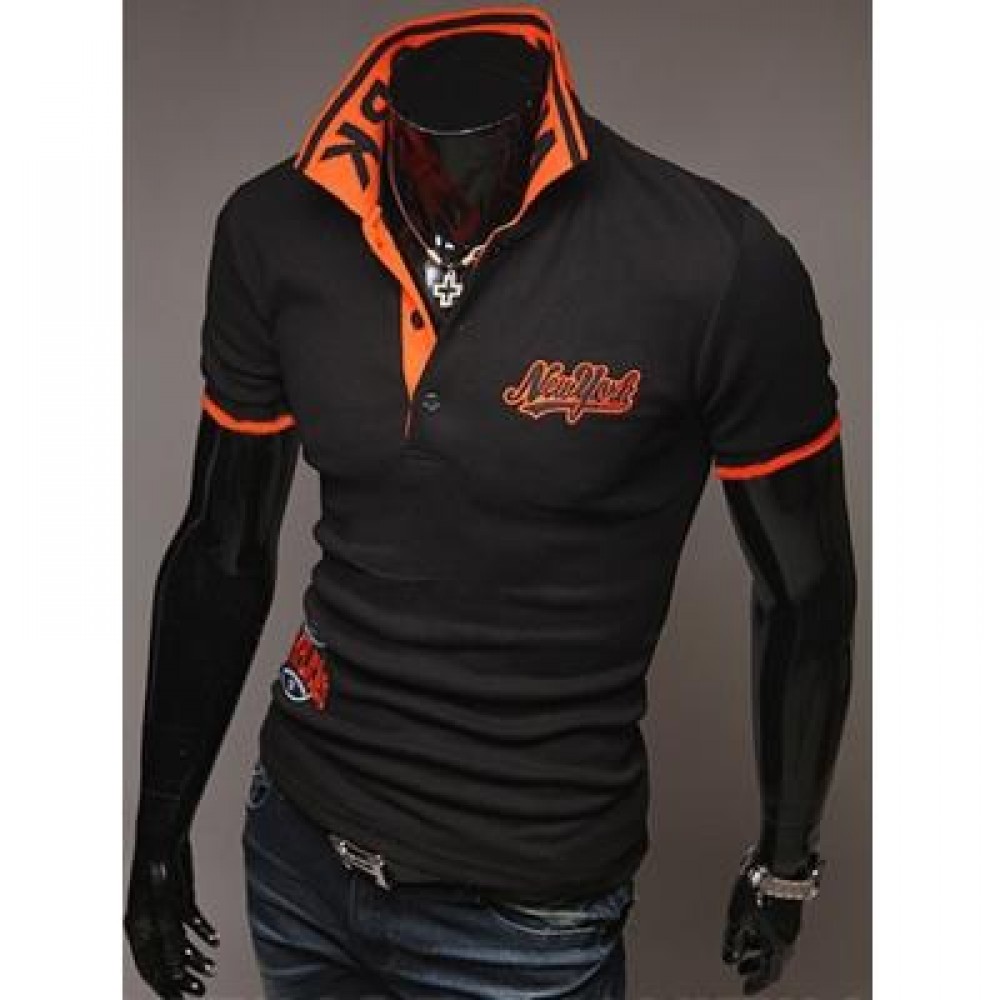 FASHION STYLE POLO COLLAR EMBROIDERY LETTERS EMBELLISHED SHORT SLEEVES POLYESTER POLO SHIRT FOR MEN (BLACK) L FASHION STYLE POLO COLLAR EMBROIDERY LETTERS EMBELLISHED SHORT SLEEVES POLYESTER POLO SHIRT FOR MEN (BLACK) L