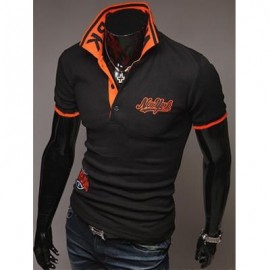 image of FASHION STYLE POLO COLLAR EMBROIDERY LETTERS EMBELLISHED SHORT SLEEVES POLYESTER POLO SHIRT FOR MEN (BLACK) L