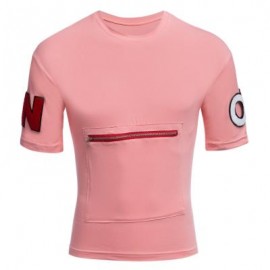 image of MALE LETTER PRINT EMBROIDERY ZIPPER DESIGN ROUND NECK SHORT SLEEVE SHIRT (PINK M/L/XL/XXL) M