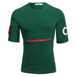 image of MALE LETTER PRINT EMBROIDERY ZIPPER DESIGN ROUND NECK SHORT SLEEVE SHIRT (GREEN M/L/XL/XXL) M
