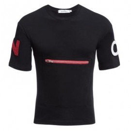 image of MALE LETTER PRINT EMBROIDERY ZIPPER DESIGN ROUND NECK SHORT SLEEVE SHIRT (BLACK M/L/XL/XXL) L