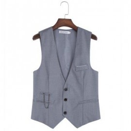 image of RETRO PURE COLOR V NECK POCKET DECORATION SUIT VEST FOR MALE (GRAY) M