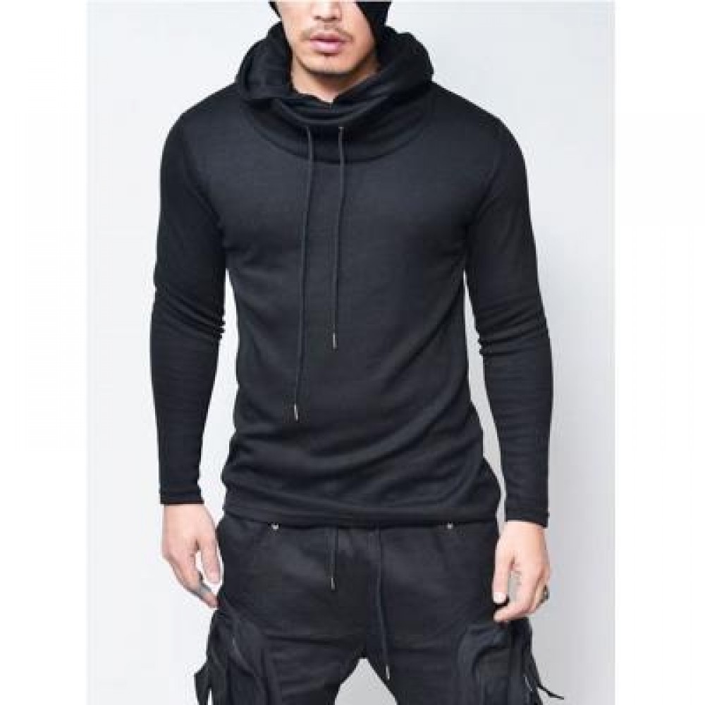 DRAWSTRING COWL NECK PULLOVER HOODIE (BLACK) M DRAWSTRING COWL NECK PULLOVER HOODIE (BLACK) M