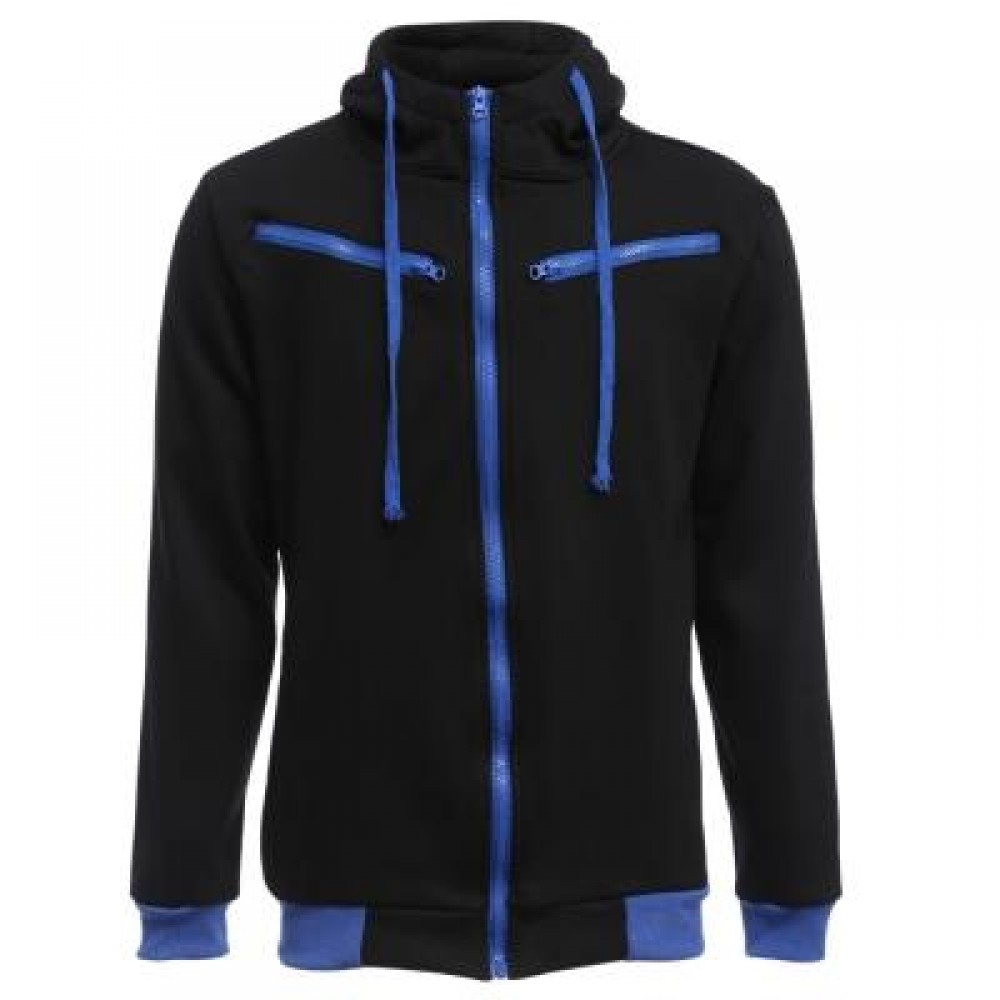 CASUAL FLEECE COLOR BLOCK ZIPPER DECORATION MALE HOODIES (BLACK) L CASUAL FLEECE COLOR BLOCK ZIPPER DECORATION MALE HOODIES (BLACK) L