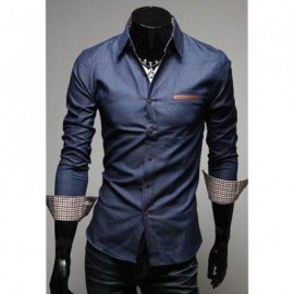 image of CASUAL STYLE LAPEL COLLAR POCKETS DESIGN BLEACH WASH LONG SLEEVES DENIM SHIRT FOR MEN (DEEP BLUE) L