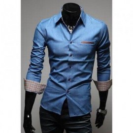 image of CASUAL STYLE LAPEL COLLAR POCKETS DESIGN BLEACH WASH LONG SLEEVES DENIM SHIRT FOR MEN (LIGHT BLUE) 2XL