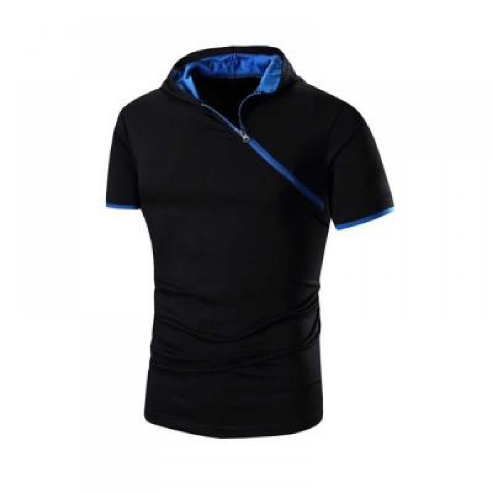MALE SOLID COLOR INCLINED ZIPPER DESIGN HOODED SHIRTS (BLUE AND BLACK) 2XL MALE SOLID COLOR INCLINED ZIPPER DESIGN HOODED SHIRTS (BLUE AND BLACK) 2XL