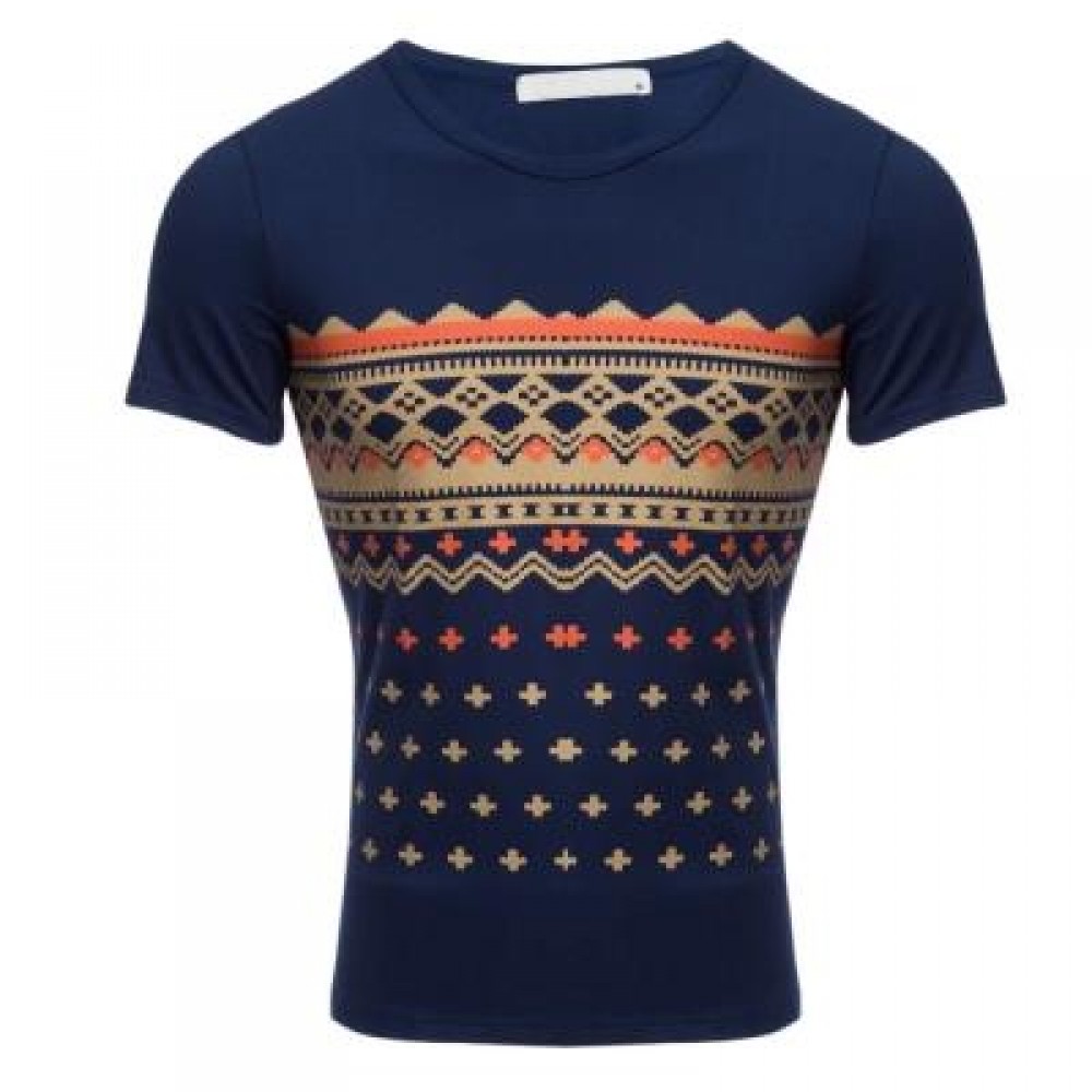 CASUAL PATTERN PRINT ROUND NECK MALE SHORT SLEEVE SHIRT (PURPLISH BLUE) XL CASUAL PATTERN PRINT ROUND NECK MALE SHORT SLEEVE SHIRT (PURPLISH BLUE) XL