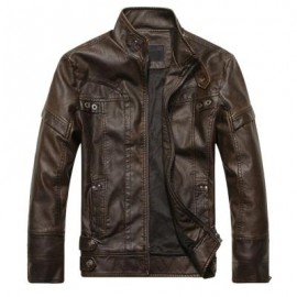 image of STAND COLLAR PANEL DESIGN PU LEATHER FLEECE JACKET (COFFEE) M