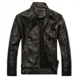 image of STAND COLLAR PANEL DESIGN PU LEATHER FLEECE JACKET (BLACK) 2XL
