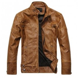 image of STAND COLLAR PANEL DESIGN PU LEATHER FLEECE JACKET (CLEMENTINE) M