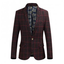 image of STYLISH GRID DESIGN FLORAL PRINT INSIDE TURN DOWN COLLAR MALE SLIM FIT SUIT (CLARET) XL