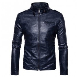 image of STAND COLLAR EPAULET FAUX LEATHER ZIP UP JACKET (CADETBLUE) M