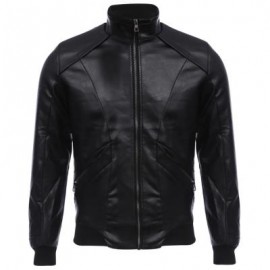 image of STYLISH STAND COLLAR ZIPPER DESIGN MALE WARM SLIM FIT LEATHER COAT (BLACK) XL