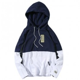 image of HOODED COLOR BLOCK EMBROIDERED APPLIQUES PULLOVER HOODIE (DEEP BLUE) L