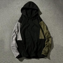 image of COLOR BLOCK PANEL DROP SHOULDER PULLOVER HOODIE (SAGE GREEN) M
