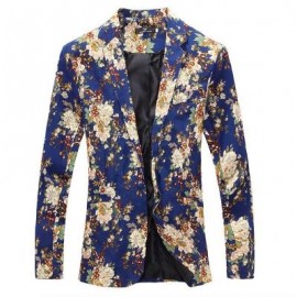 image of MEN BLAZE FLORAL PRINT COTTON BLEND BLAZER JACKET MEN'S CASUAL SUITS (BLUE) M