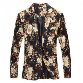 image of MEN BLAZE FLORAL PRINT COTTON BLEND BLAZER JACKET MEN'S CASUAL SUITS (BLACK) M
