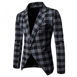 image of MEN BLAZER SLIM FIT SUIT FLAP POCKETS PLAID LAPEL MALE JACKET (GRAY) M
