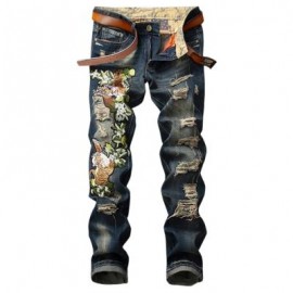 image of ZIPPER FLY TIGER AND FLORAL EMBROIDERED RIPPED JEANS (DENIM BLUE) 32