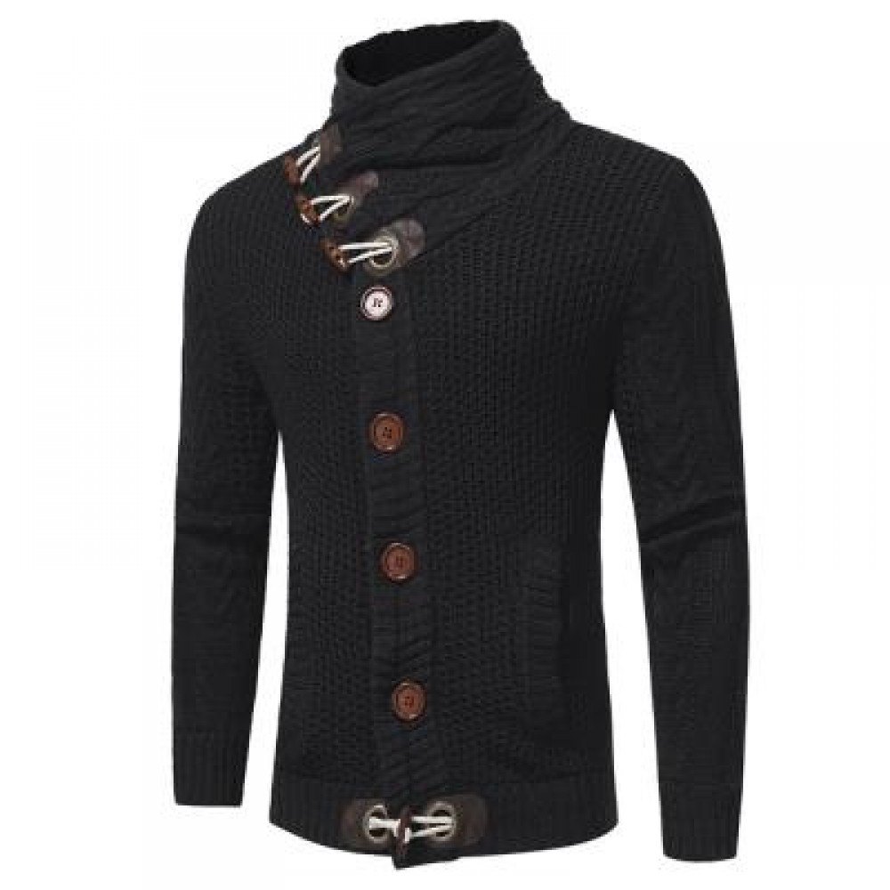 COWL NECK HORN BUTTON SINGLE BREASTED CARDIGAN (BLACK) L COWL NECK HORN BUTTON SINGLE BREASTED CARDIGAN (BLACK) L