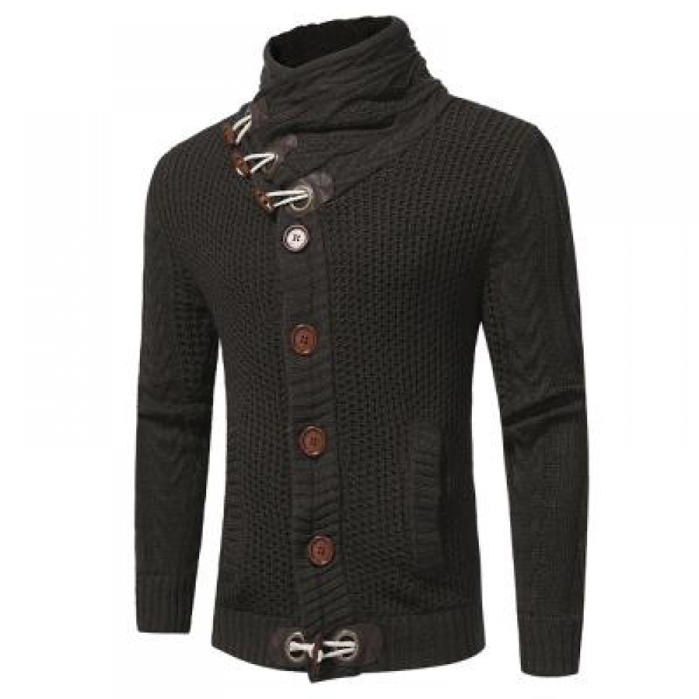COWL NECK HORN BUTTON SINGLE BREASTED CARDIGAN (DEEP GRAY) L COWL NECK HORN BUTTON SINGLE BREASTED CARDIGAN (DEEP GRAY) L