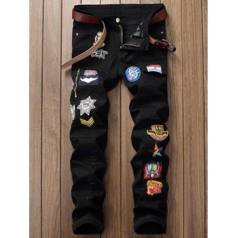 ZIPPER FLY CARTOON EMBROIDERED PATCH POCKET RIPPED JEANS (BLACK) 30 ZIPPER FLY CARTOON EMBROIDERED PATCH POCKET RIPPED JEANS (BLACK) 30