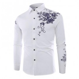 image of FASHION LAPEL ROSE PRINTING CASUAL MEN LONG-SLEEVED SHIRT MEN (WHITE) L