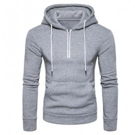 image of HOODED HALF ZIP POUCH POCKET FLEECE PULLOVER HOODIE (LIGHT GRAY) M