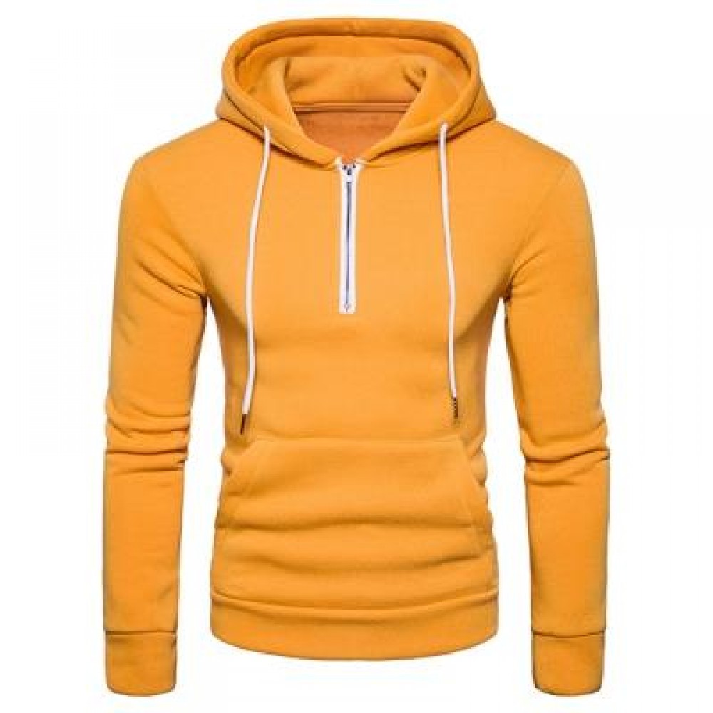 HOODED HALF ZIP POUCH POCKET FLEECE PULLOVER HOODIE (YELLOW) S HOODED HALF ZIP POUCH POCKET FLEECE PULLOVER HOODIE (YELLOW) S