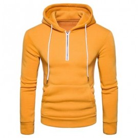image of HOODED HALF ZIP POUCH POCKET FLEECE PULLOVER HOODIE (YELLOW) S