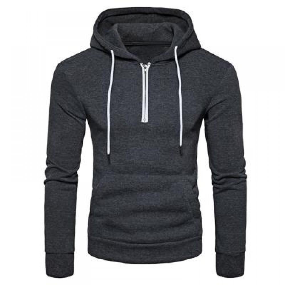 HOODED HALF ZIP POUCH POCKET FLEECE PULLOVER HOODIE (DEEP GRAY) S HOODED HALF ZIP POUCH POCKET FLEECE PULLOVER HOODIE (DEEP GRAY) S