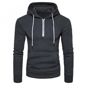 image of HOODED HALF ZIP POUCH POCKET FLEECE PULLOVER HOODIE (DEEP GRAY) S