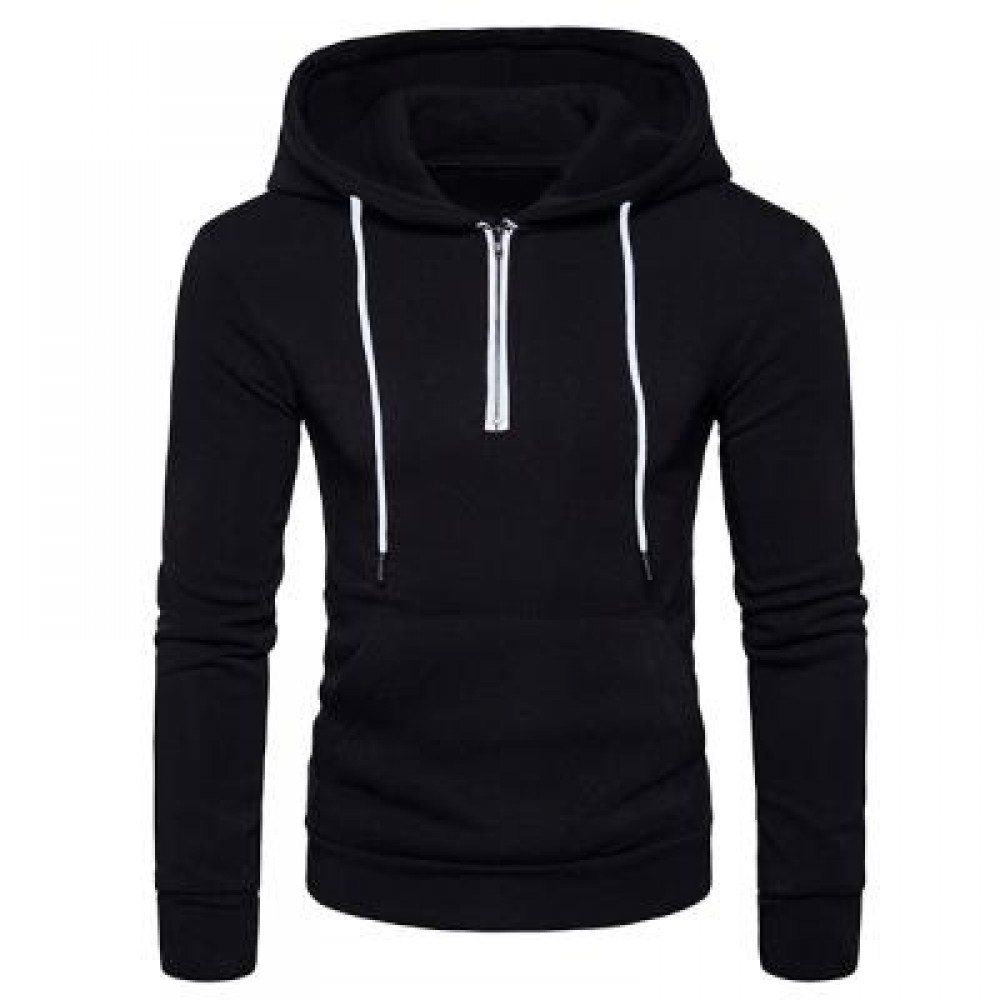 HOODED HALF ZIP POUCH POCKET FLEECE PULLOVER HOODIE (BLACK) S HOODED HALF ZIP POUCH POCKET FLEECE PULLOVER HOODIE (BLACK) S