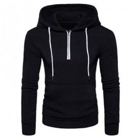 image of HOODED HALF ZIP POUCH POCKET FLEECE PULLOVER HOODIE (BLACK) S