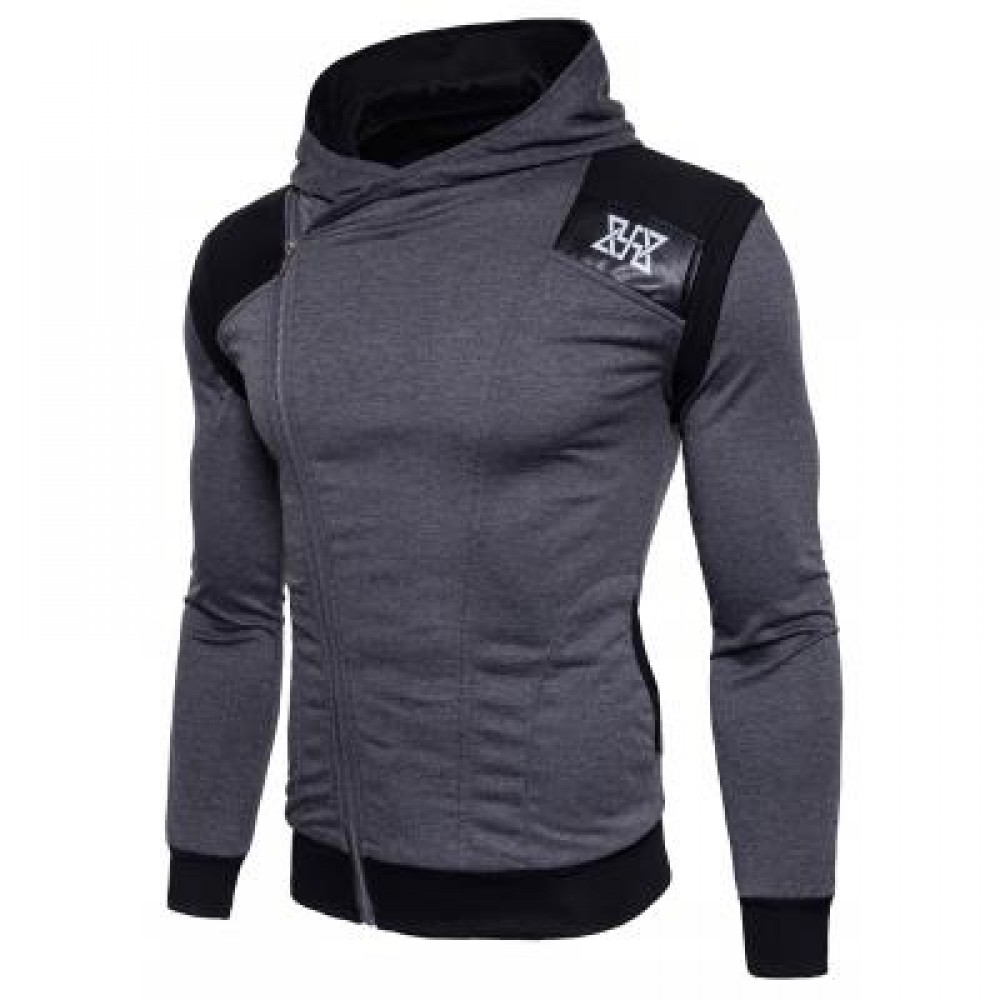 HOODED PU LEATHER PANEL COLOR BLOCK ZIP UP HOODIE (DEEP GRAY) L HOODED PU LEATHER PANEL COLOR BLOCK ZIP UP HOODIE (DEEP GRAY) L