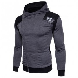 image of HOODED PU LEATHER PANEL COLOR BLOCK ZIP UP HOODIE (DEEP GRAY) L