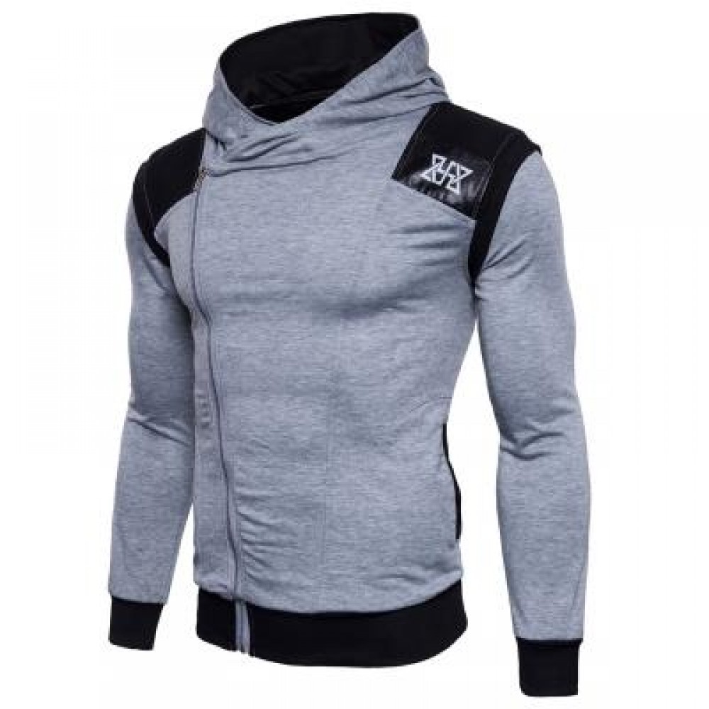 HOODED PU LEATHER PANEL COLOR BLOCK ZIP UP HOODIE (LIGHT GRAY) XL HOODED PU LEATHER PANEL COLOR BLOCK ZIP UP HOODIE (LIGHT GRAY) XL