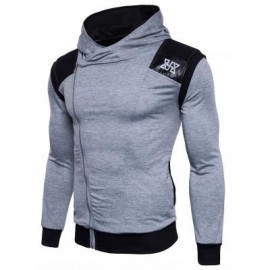 image of HOODED PU LEATHER PANEL COLOR BLOCK ZIP UP HOODIE (LIGHT GRAY) XL