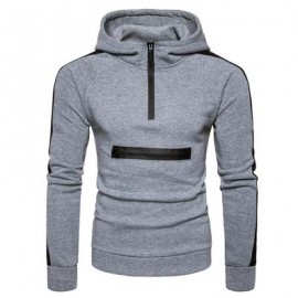 image of COLOR BLOCK PANEL ZIPPERS FLEECE PULLOVER HOODIE (LIGHT GRAY) L