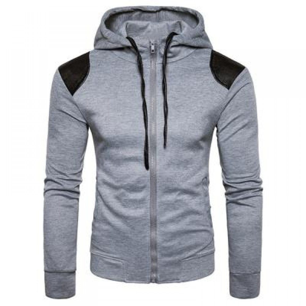 HOODED PU LEATHER PANEL ZIP UP HOODIE (LIGHT GRAY) M HOODED PU LEATHER PANEL ZIP UP HOODIE (LIGHT GRAY) M