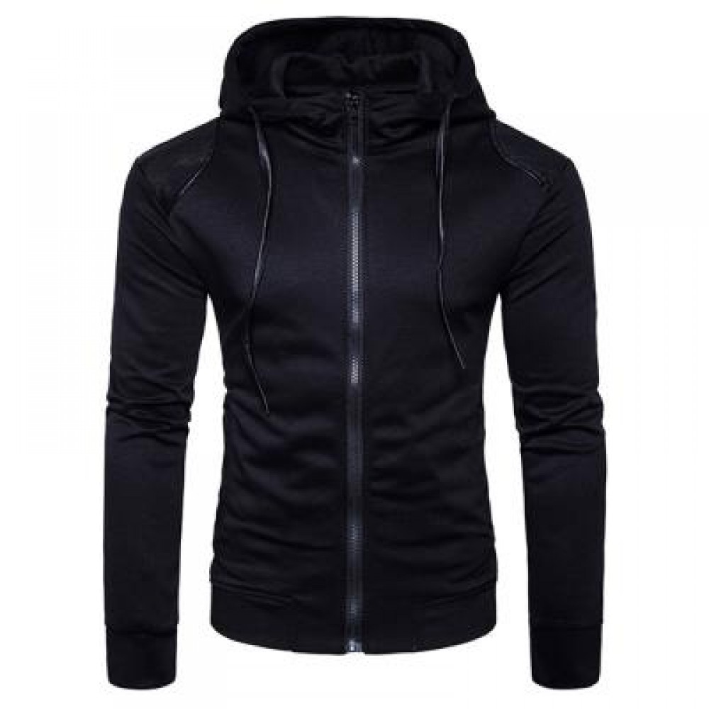 HOODED PU LEATHER PANEL ZIP UP HOODIE (BLACK) M HOODED PU LEATHER PANEL ZIP UP HOODIE (BLACK) M
